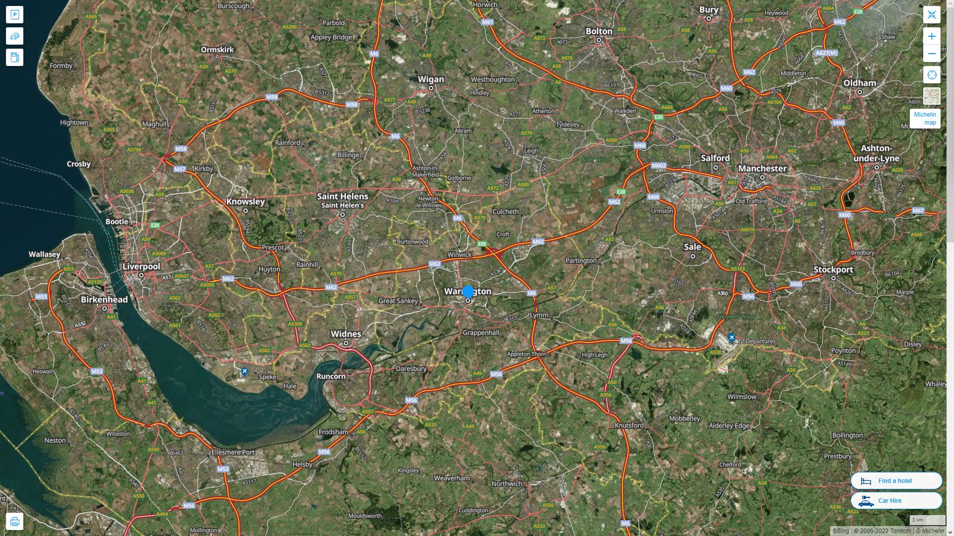 Warrington Royaume Uni Autoroute et carte routiere avec vue satellite